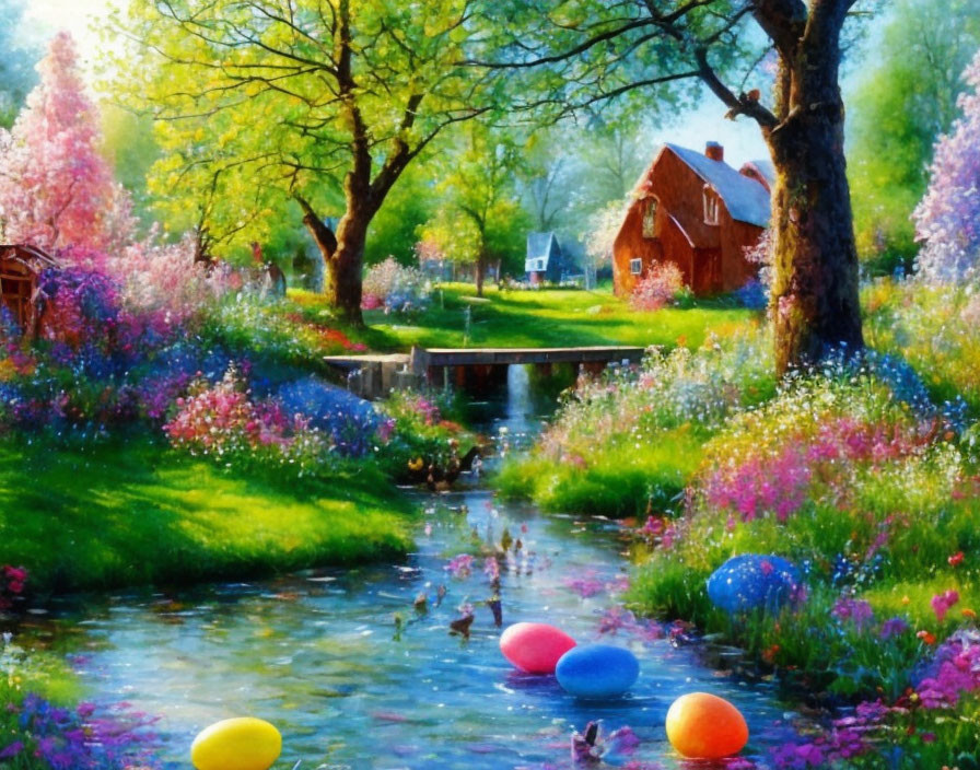 Colorful Painting of Quaint Cottage by Stream with Easter Eggs