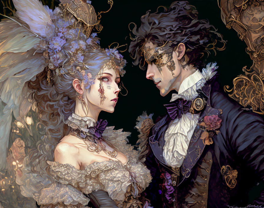 Victorian-style masquerade illustration with ornate attire and intricate masks
