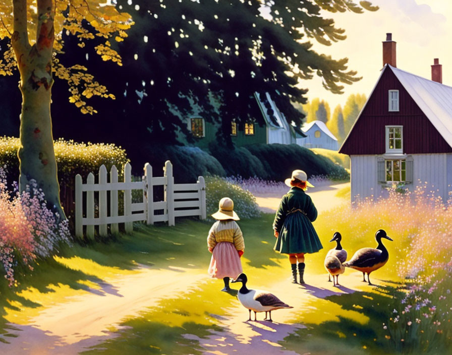 Children, ducks, flowers, fence, and house in sunny scene.
