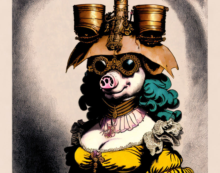 Pig with human-like features in fancy yellow dress and ornate glasses