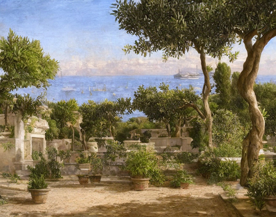 Tranquil garden scene with sea view and boats