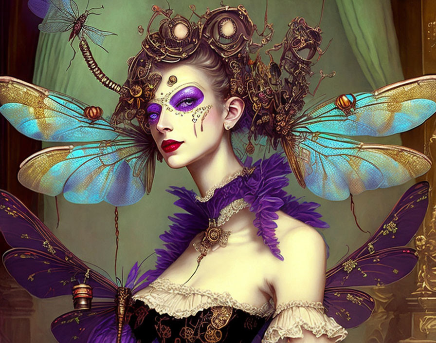 Fantastical portrait of woman with steampunk accessories and mechanical wings in ornate setting