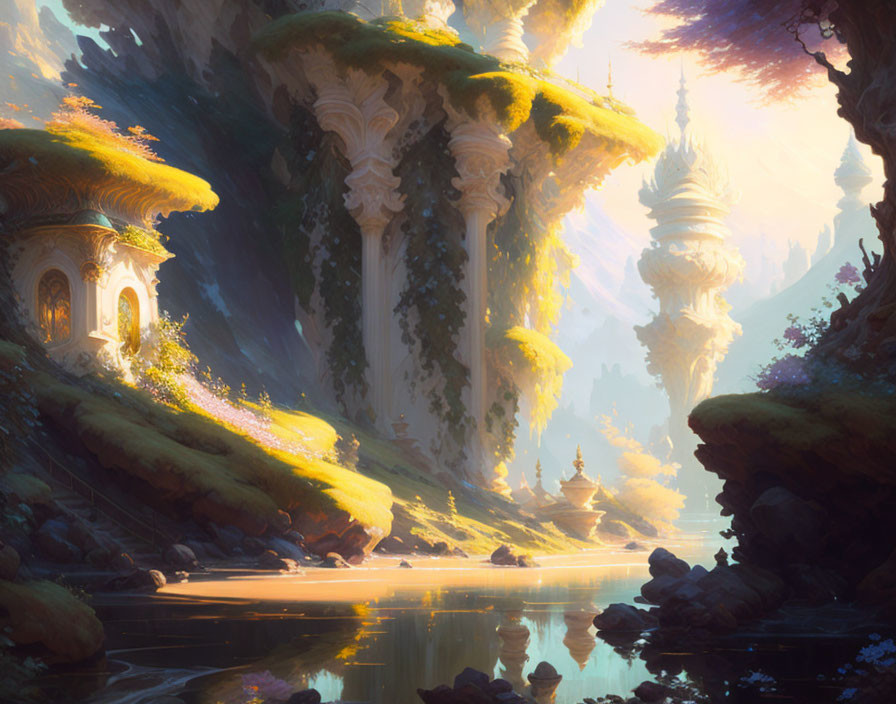 Mystical forest scene with towering mushroom trees and serpentine river