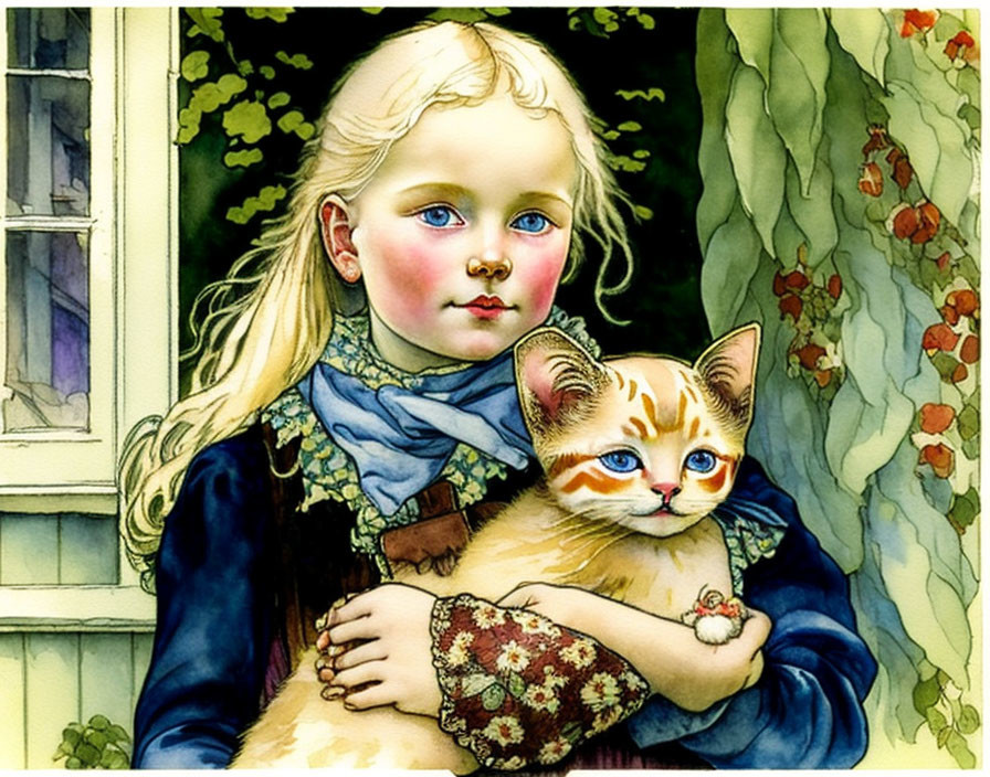 Blonde girl holding blue-eyed cat in front of ivy-covered house