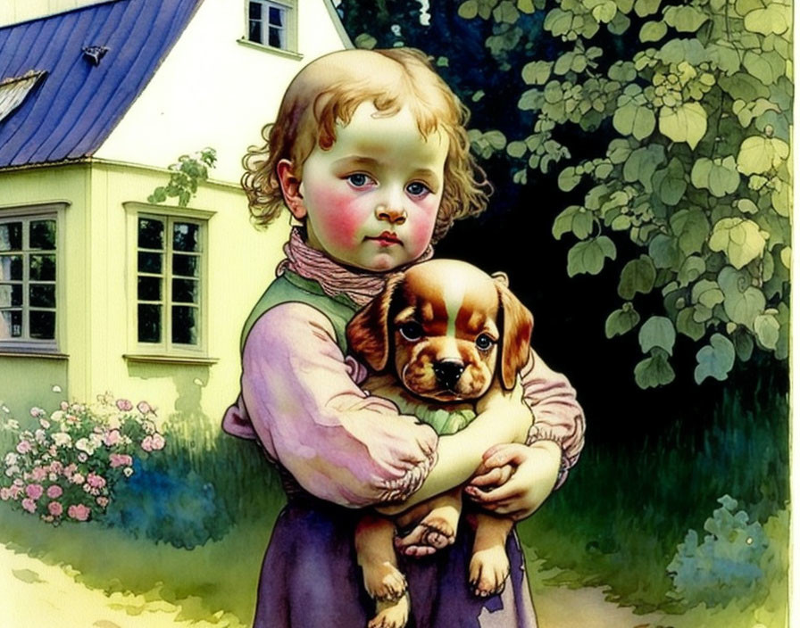 Vintage illustration of child with rosy cheeks and puppy in pastoral setting