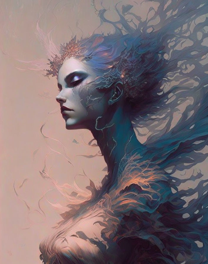 Ethereal digital painting of woman in swirling patterns