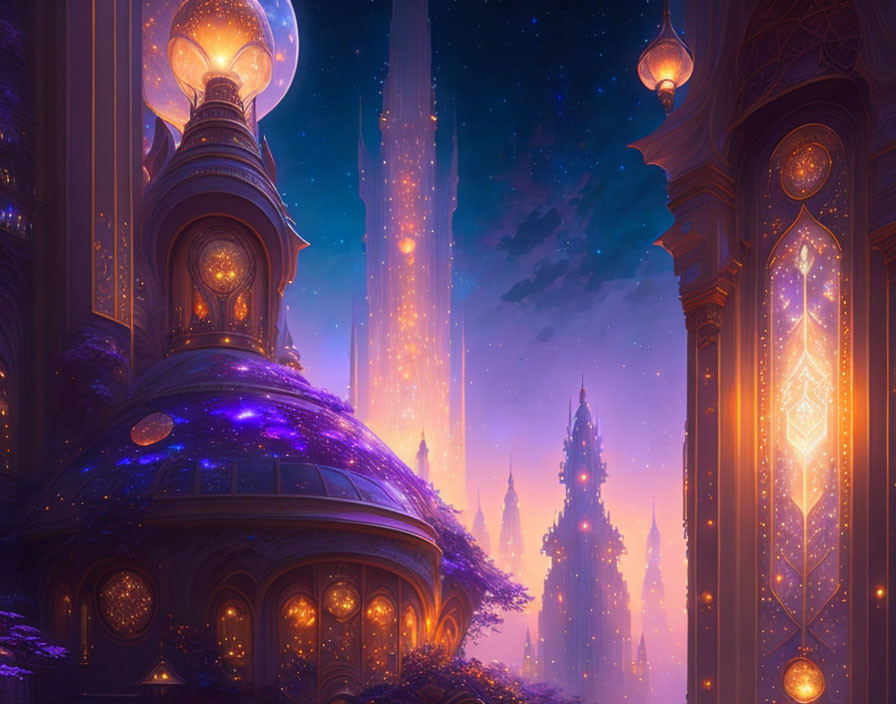 Ornate buildings illuminated under starry sky with glowing lanterns