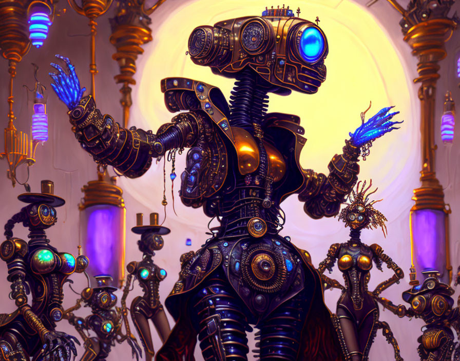 Futuristic artwork: Ornate robots with glowing blue elements in sophisticated setting