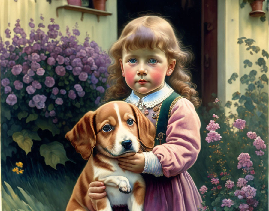 Young girl with reddish hair holding brown and white puppy in flower-filled garden
