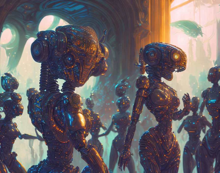 Intricate humanoid robots in ornate golden hall