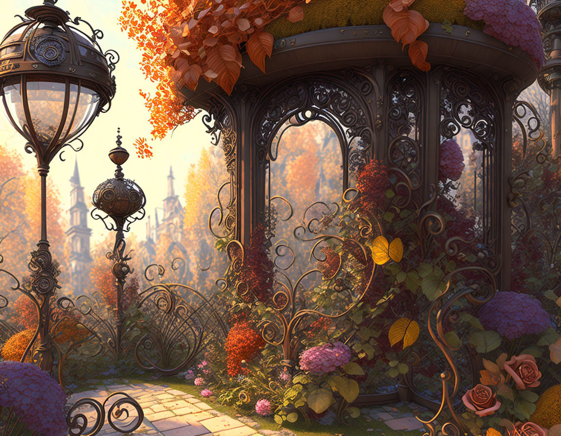 Ornate autumn-themed gazebo with vintage lamps and town backdrop