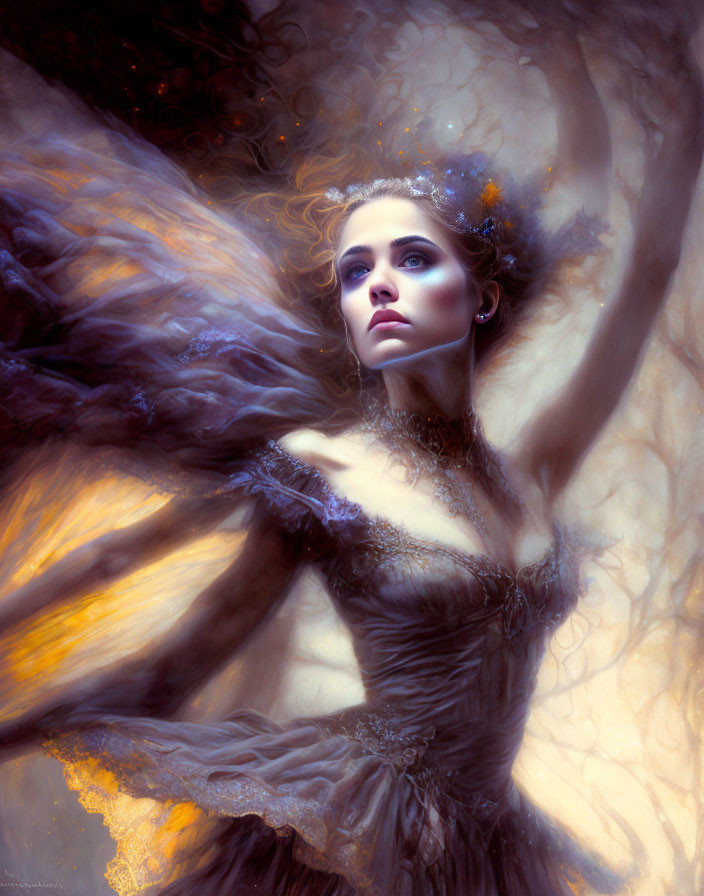 Ethereal woman in glowing ambiance with delicate textures