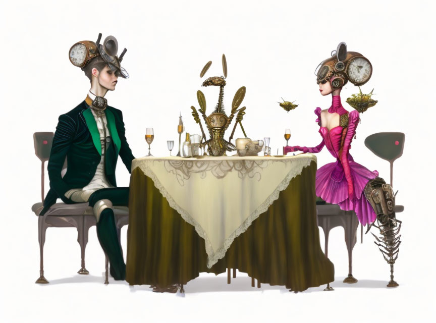 Steampunk-style characters with elaborate headgear in Victorian-inspired setting.