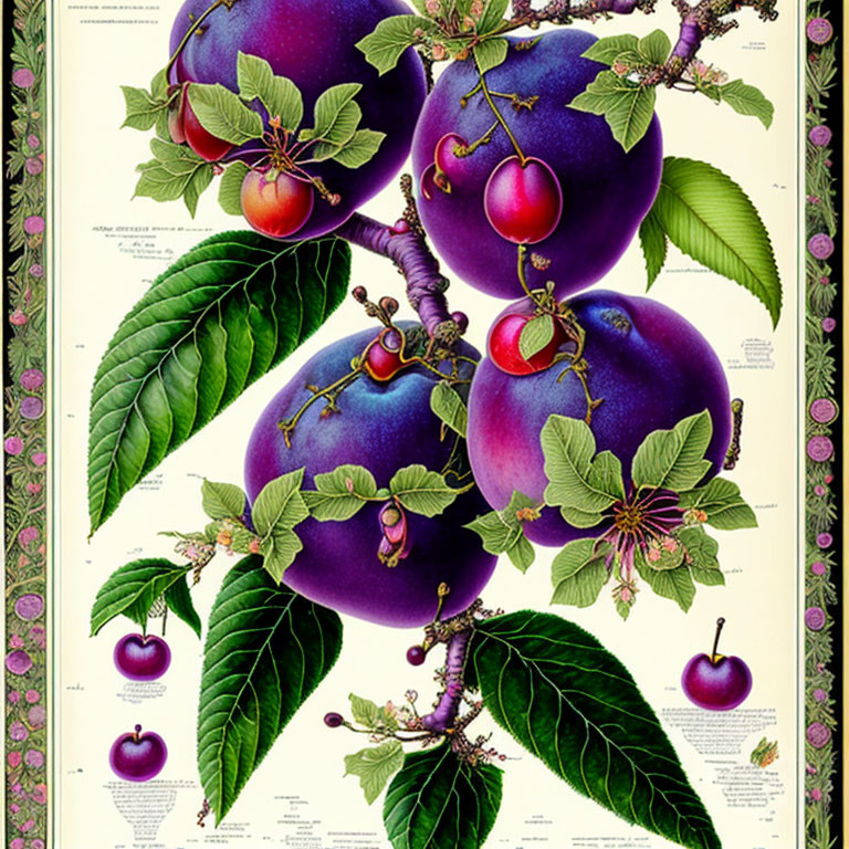 Various Plum Species Illustration: Purple and Red Fruits, Branches, Leaves, Cross-Sections