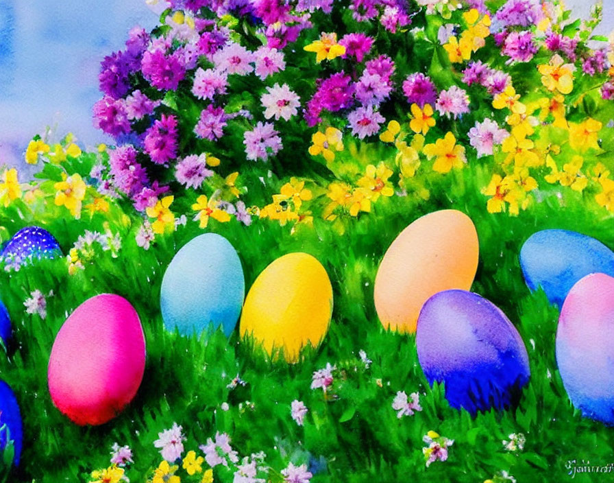 Vibrant Easter eggs hidden in grass with pink and yellow flowers