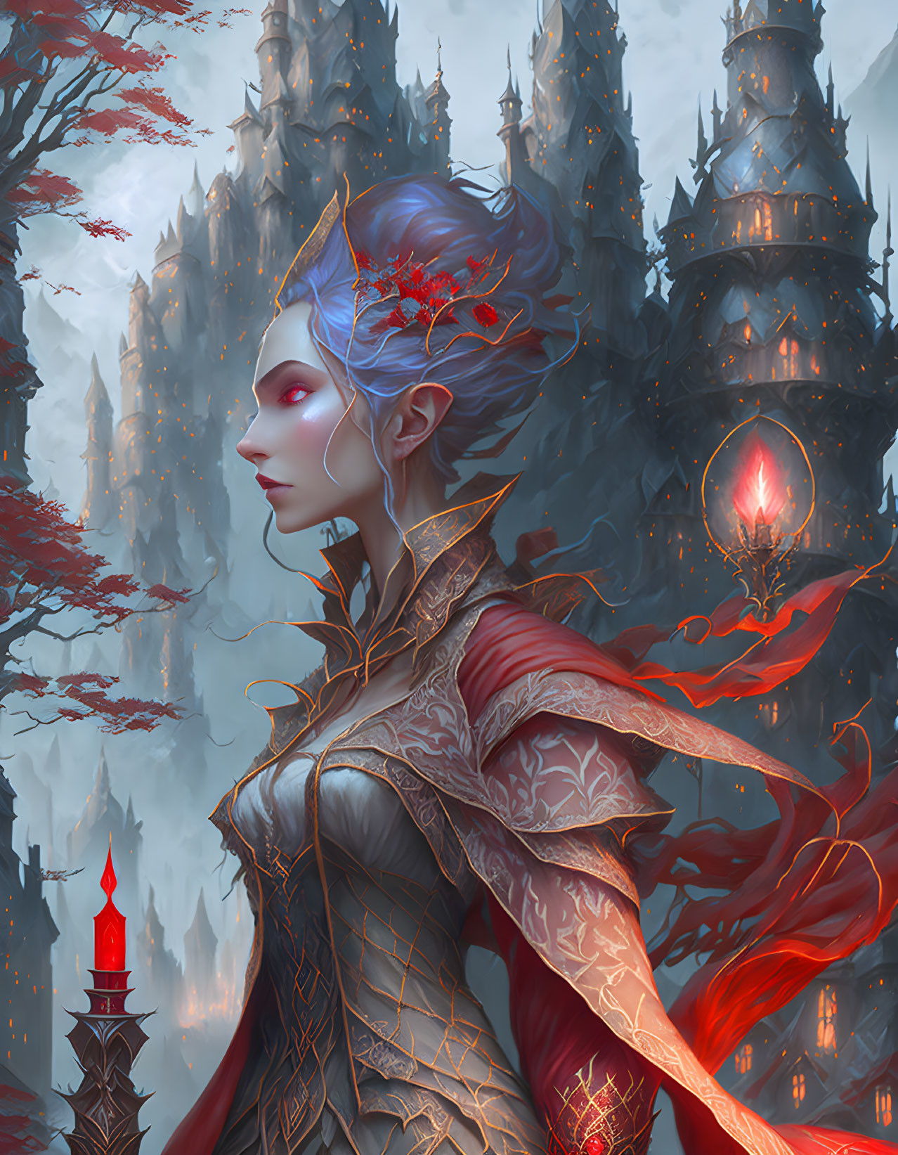 Fantasy female character with blue skin and red eyes in front of mystical castle.