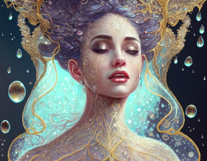 Intricate golden headpiece woman portrait with floating water droplets