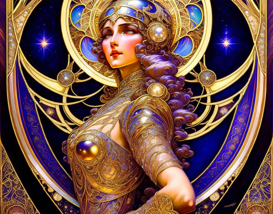 Female warrior in ornate golden armor on cosmic blue background