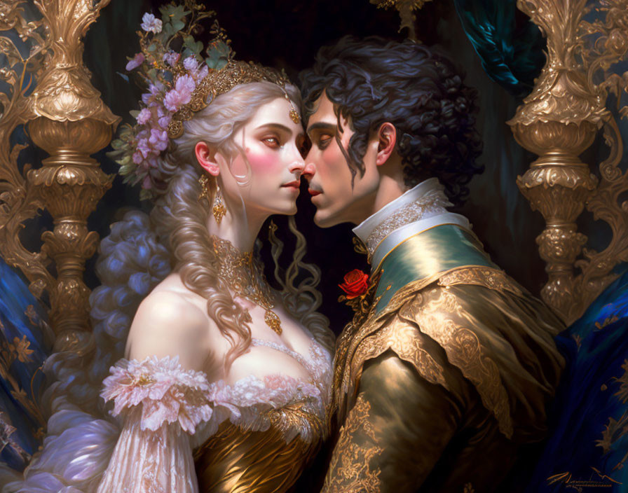 Romantic fantasy couple in regal attire sharing intimate moment