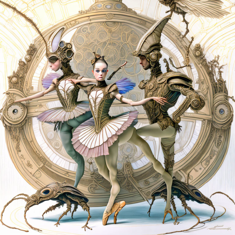 Steampunk-inspired ballet dancers with insect-like headpieces on cogwheel backdrop.