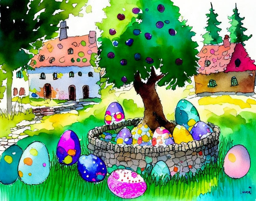 Vibrant Easter eggs in stone basket with whimsical house and tree in watercolor.