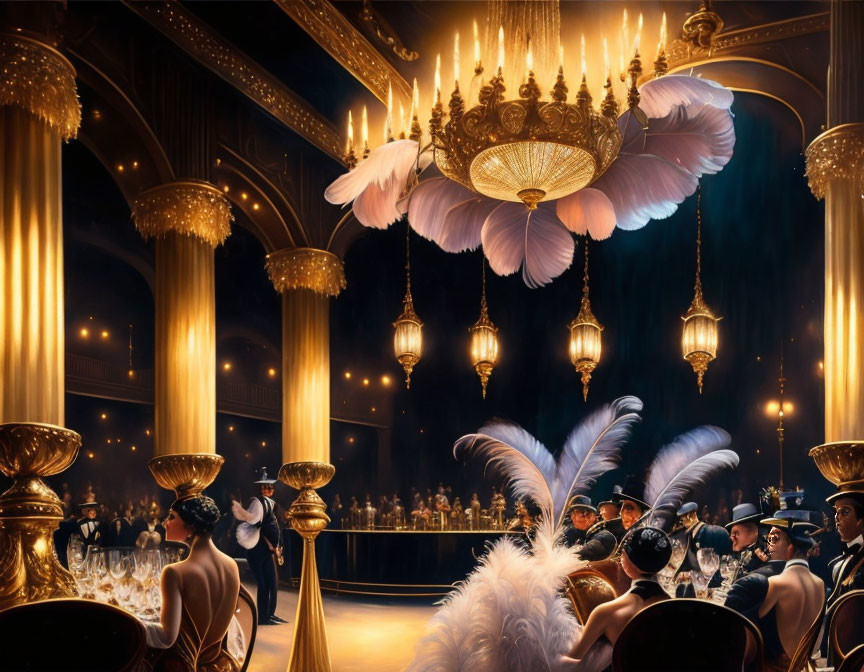 Luxurious banquet hall with golden decor and elegant guests