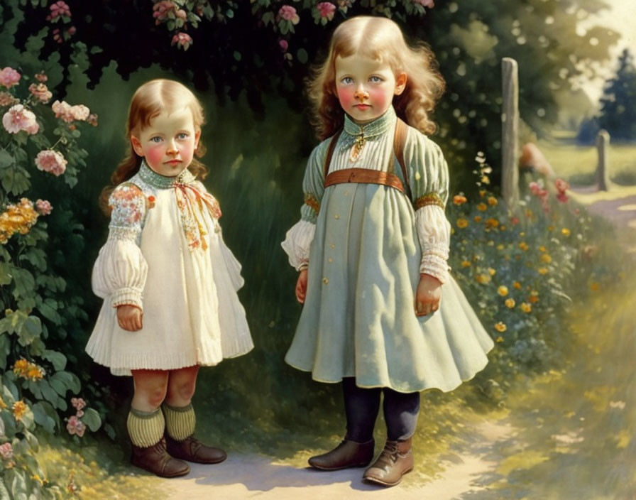 Vintage Clothing Children on Grassy Path with Flowers