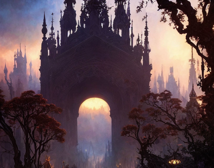Mystical gothic castle in shadowy forest at twilight