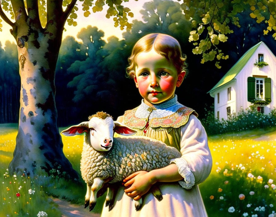 Serene painting of child with lamb in nature at dusk
