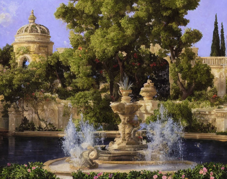 Ornate fountain with water jets in lush greenery