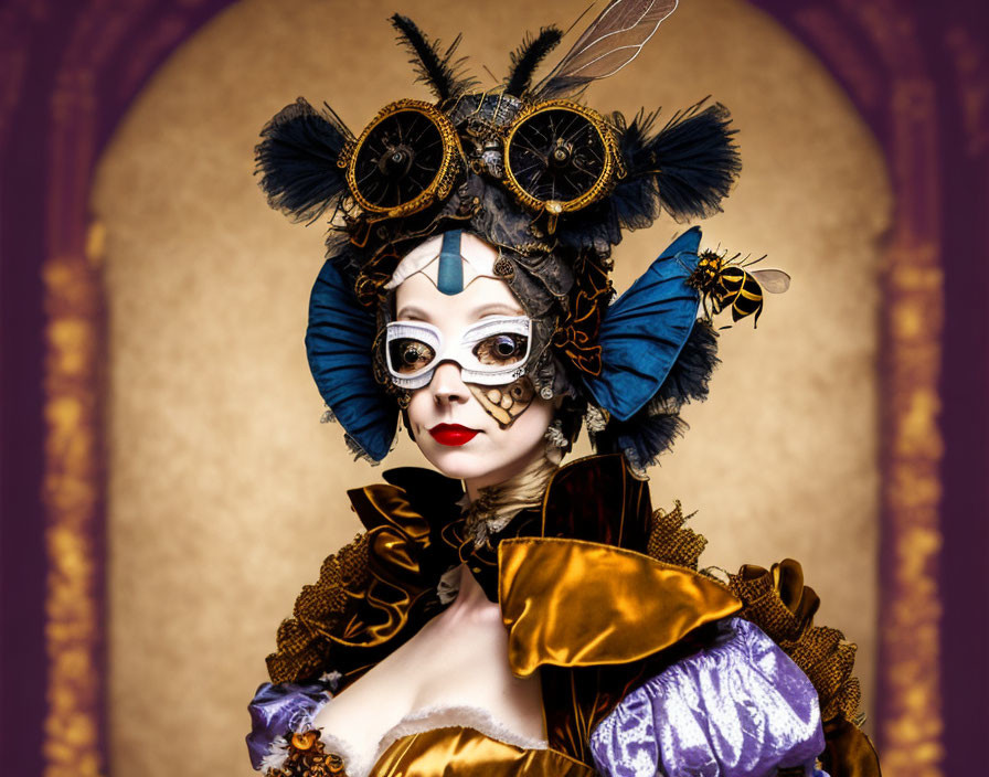 Elaborate steampunk attire with butterfly mask and feathered hat.