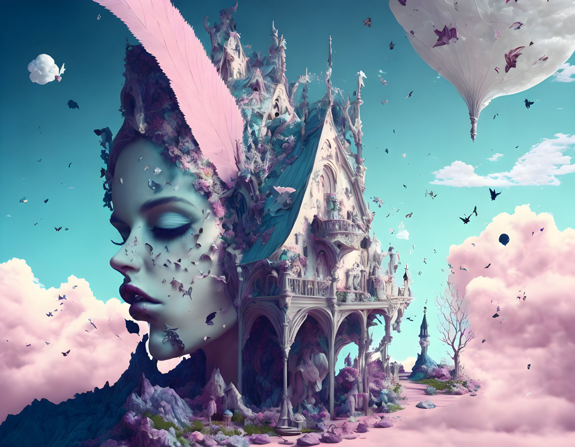 Surreal artwork: Woman's face merges with palace, pink clouds, birds, pastel sky