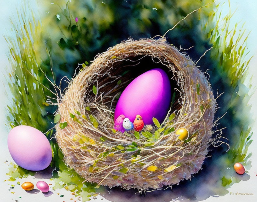 Vibrant painting of bird's nest with pink egg, chick figurines, and candy eggs