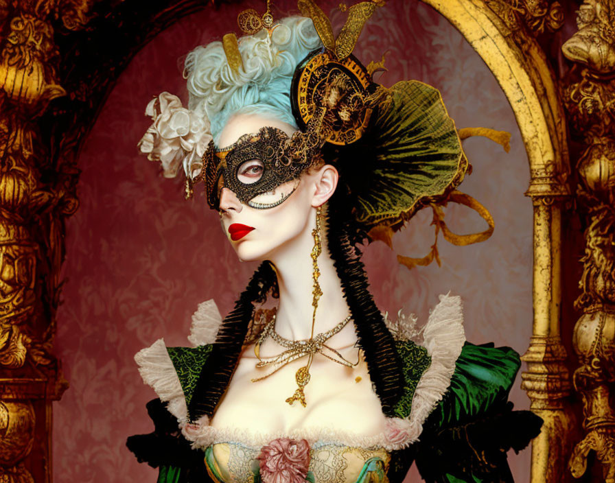 Baroque costume with green headpiece, gold accents, lace mask, and pearl necklace in front of