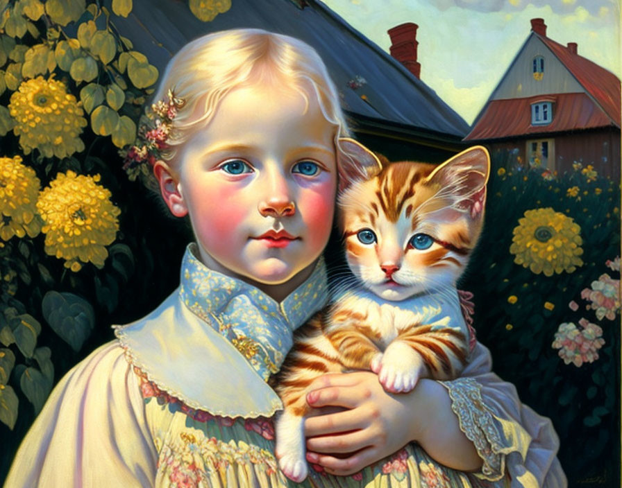 Blonde Child with Orange-Striped Kitten in Traditional Attire