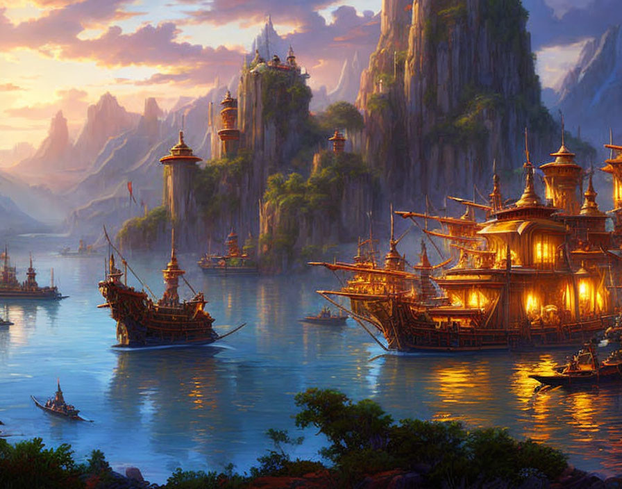 Fantastical harbor with illuminated ships at dusk and castle on towering cliffs