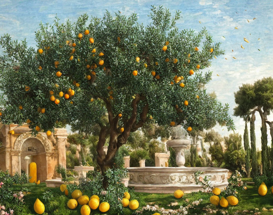 Classical garden scene with orange trees, stone fountain, Roman architecture