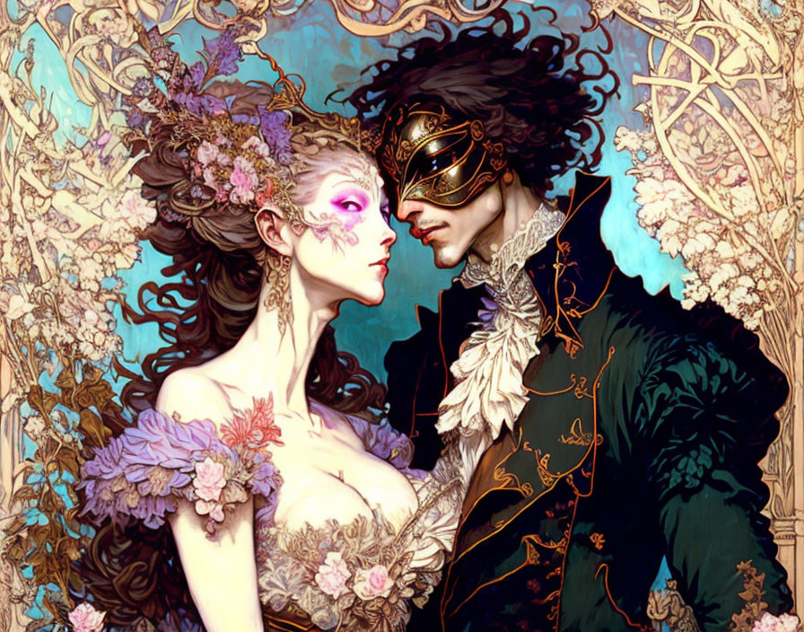 Illustrated couple in ornate masquerade attire with floral backdrop