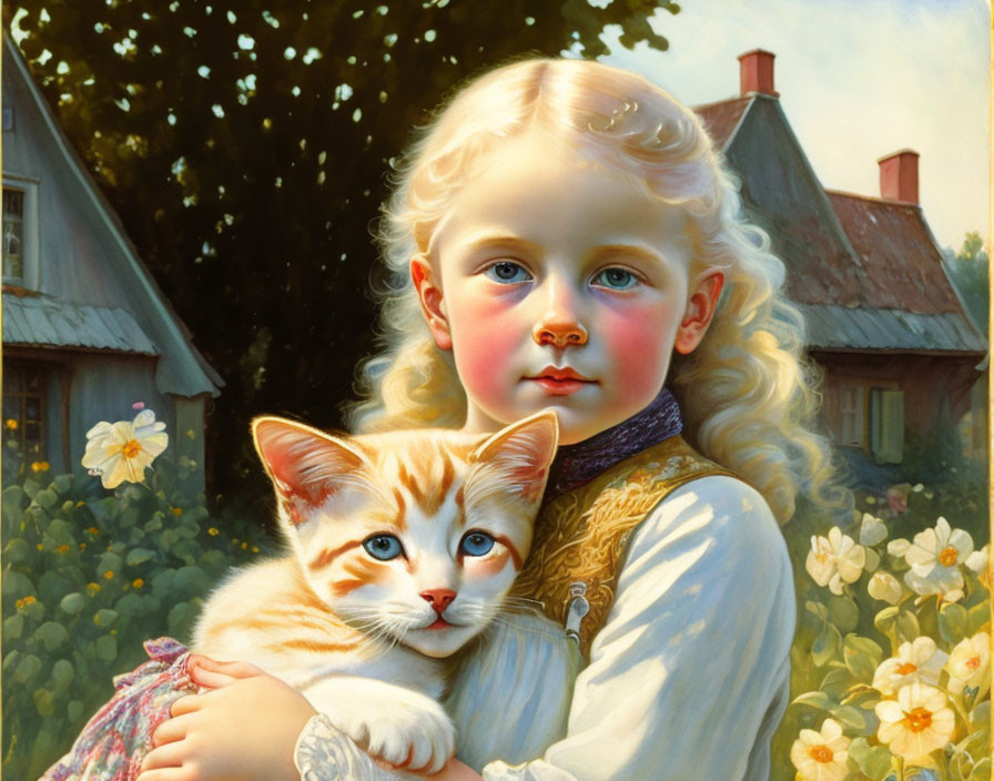 Portrait of young child with blonde curls holding kitten, cottages and flowers in background