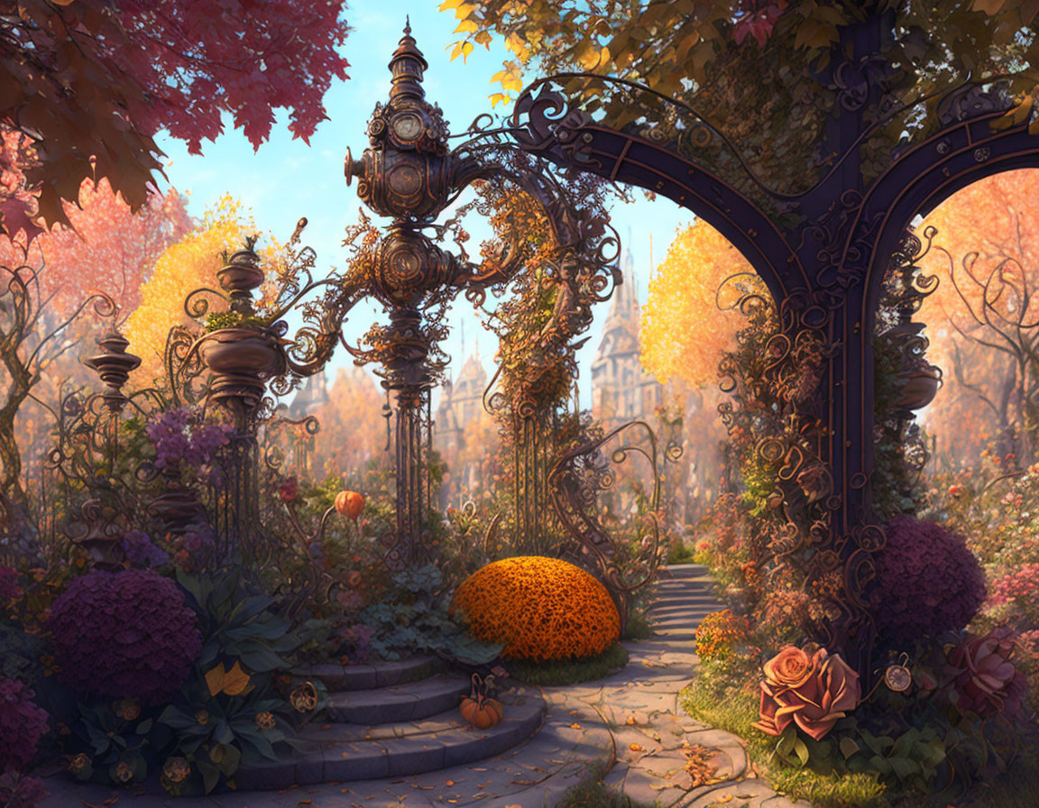 Ornate street lamps illuminate autumn scene with cobblestone path, flowers, and vibrant fall foliage