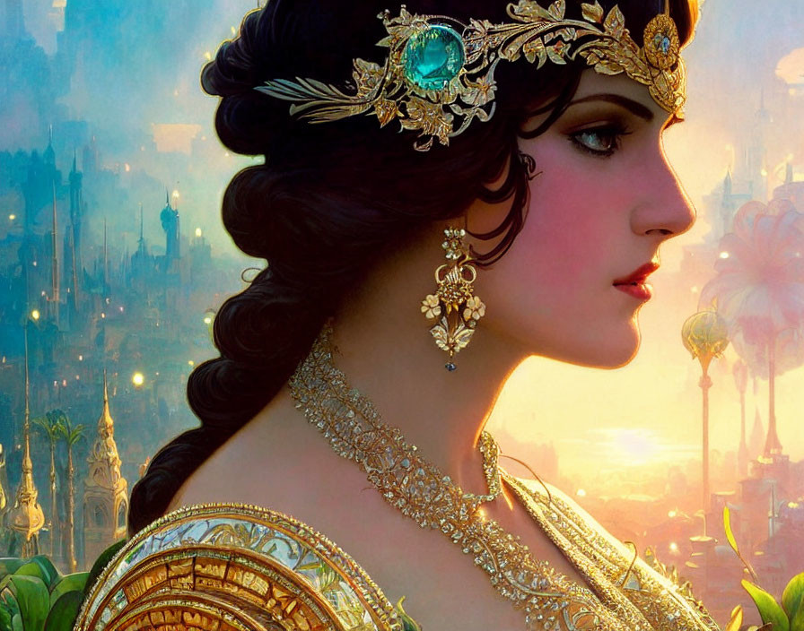 Profile view of woman with golden headdress in front of fantastical cityscape