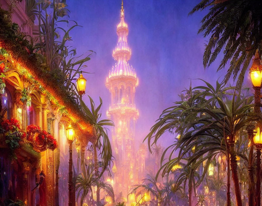 Enchanted cityscape at twilight with illuminated tower and lush greenery