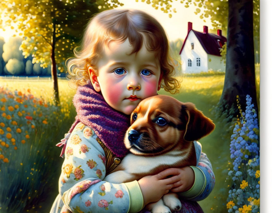 Young child hugging puppy in sunlit garden with cozy house