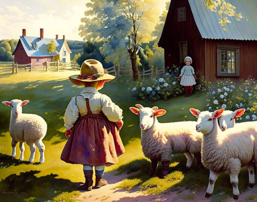 Rural landscape with children, sheep, and red house
