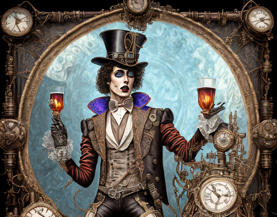 Gothic steampunk figure with top hat, goggles, and burning glasses amidst vintage clocks.