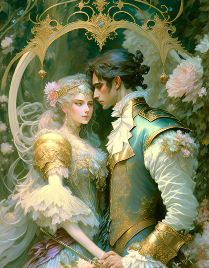 Illustrated fantasy couple in regal attire with ornate gold elements, set against a floral background