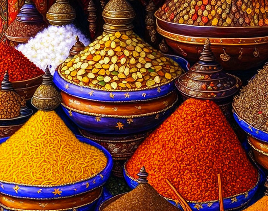 Vibrant Moroccan spices in traditional containers with intricate designs