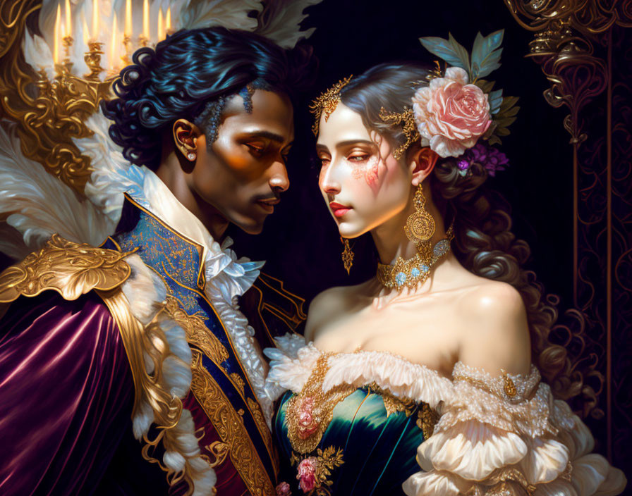 Regal couple in blue and gold jacket, woman in ivory dress with rose.