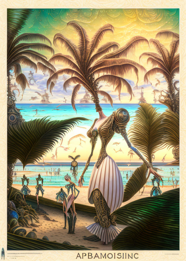 Ornate egg-shaped object surrounded by palm trees, figures on beach, ocean, sunset.
