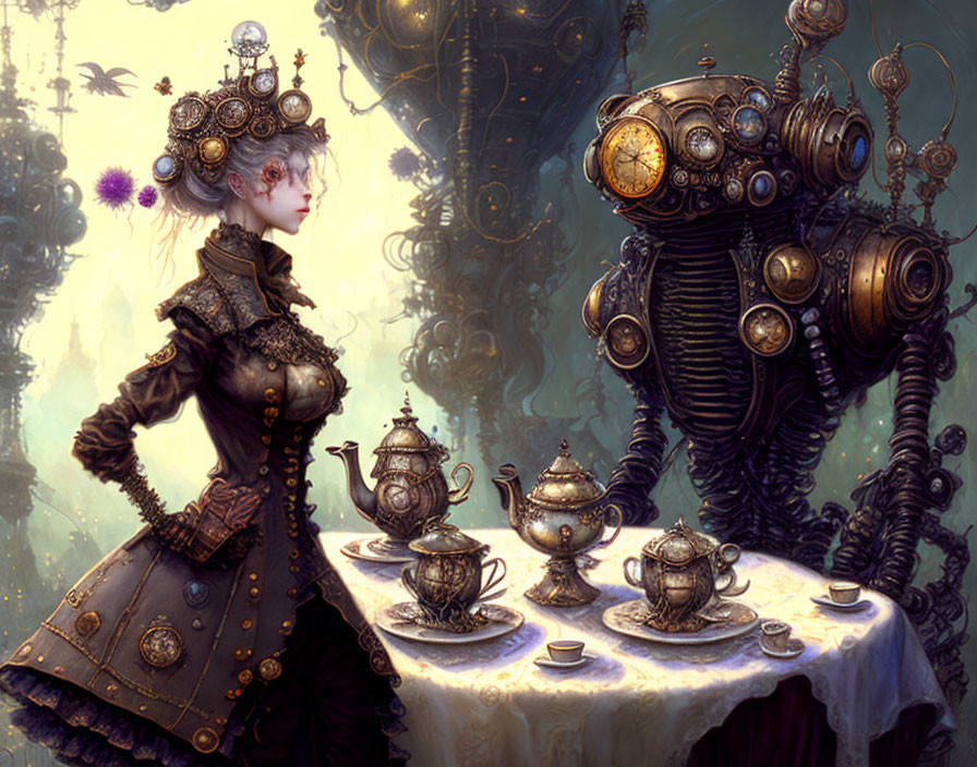 Victorian woman with ornate headgear and teapots next to steampunk robot